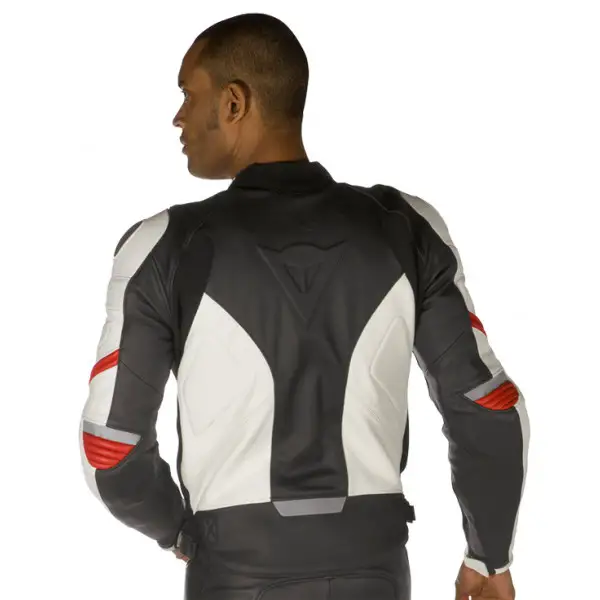 Giacca moto in pelle Dainese Racing nero-bianco-rosso