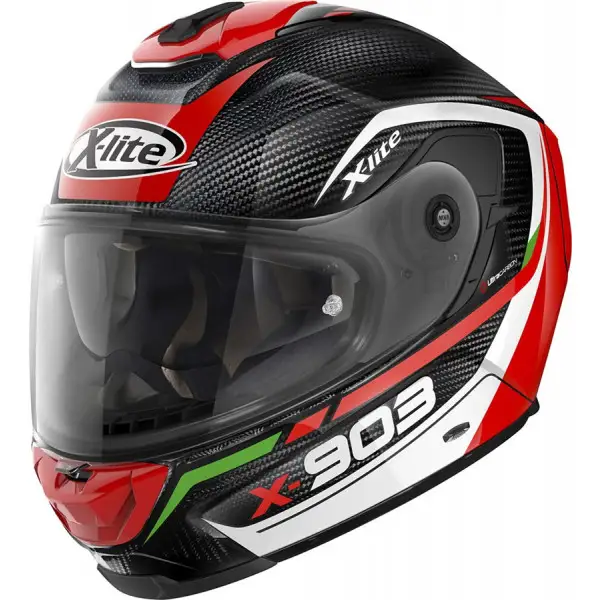 Casco integrale X-Lite X-903 Ultra Carbon CAVALCADE N-COM in fibra Nero Rosso Bianco con chiusura Doppia D