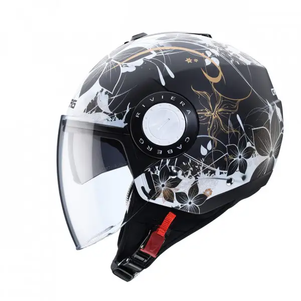 Casco jet Caberg Riviera V3 Floral nero opaco - bianco - oro