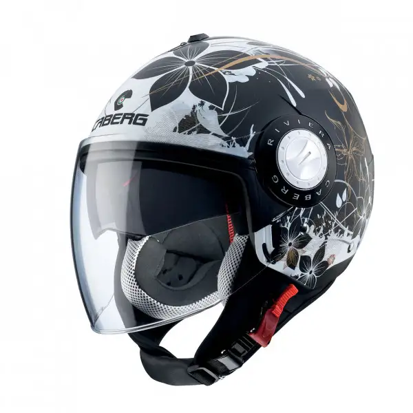 Casco jet Caberg Riviera V3 Floral nero opaco - bianco - oro