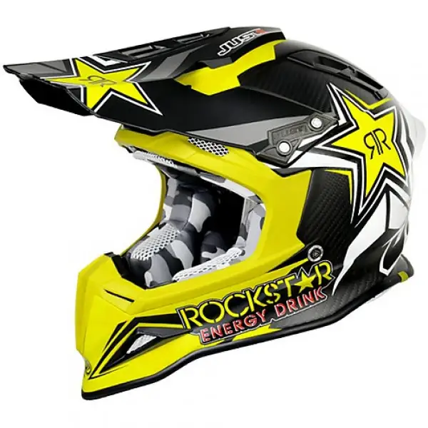 Casco moto cross Just 1 J12 Rockstar Energy Drink 2.0 in carbonio giallo e nero opaco