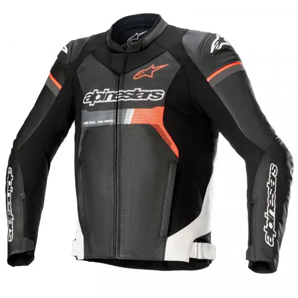 Giacca moto pelle Alpinestars GP FORCE AIRFLOW Nero Bianco Rosso fluo