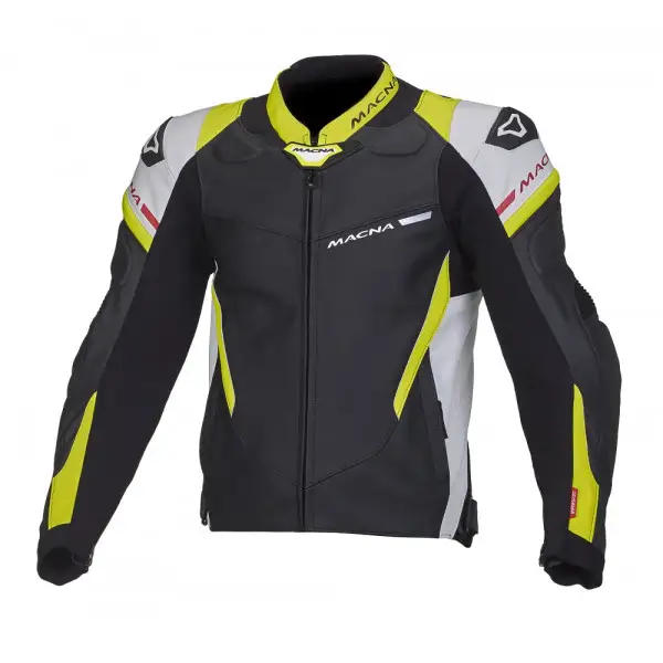 Giacca moto pelle Macna Hyper nero bianco giallo fluo