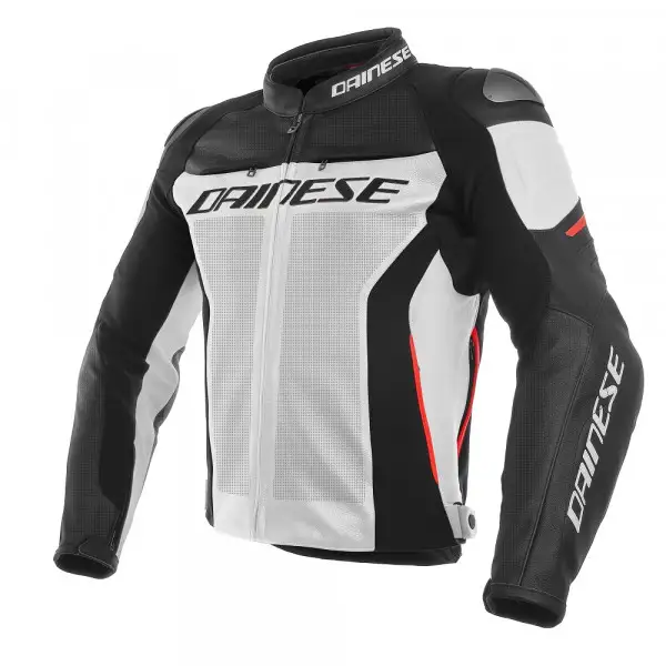 Giacca moto pelle racing Dainese RACING 3 traforata Bianco Nero Rosso