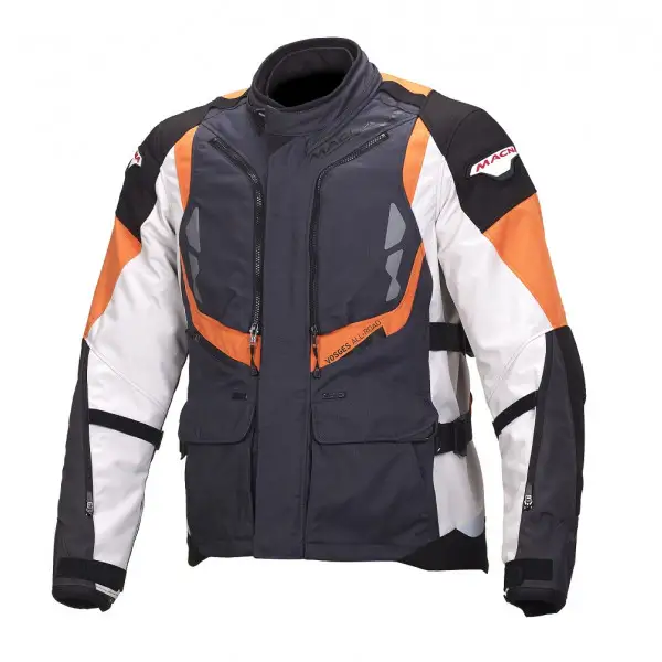 Giacca moto touring Macna Vosges WP 3 strati canna di fucile grigio chiaro nero arancio