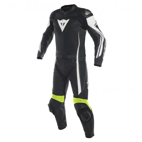 Tuta moto pelle divisibile Dainese ASSEN Nero Bianco Giallo Fluo