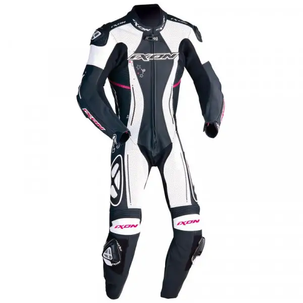 Tuta moto pelle donna Ixon Astrale Nero Bianco Fucsia