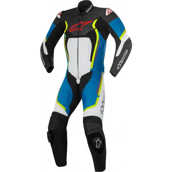 Tuta moto pelle intera Alpinestars MOTEGI V2 1PC nero bianco blu giallo fluo