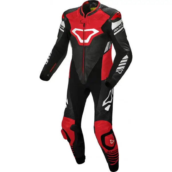 Tuta moto pelle intera Macna Tracktix Nero Rosso Bianco