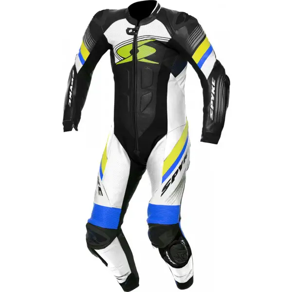 Tuta moto pelle intera Spyke ESTORIL RACE Nero Bianco Giallo Fluo Blu