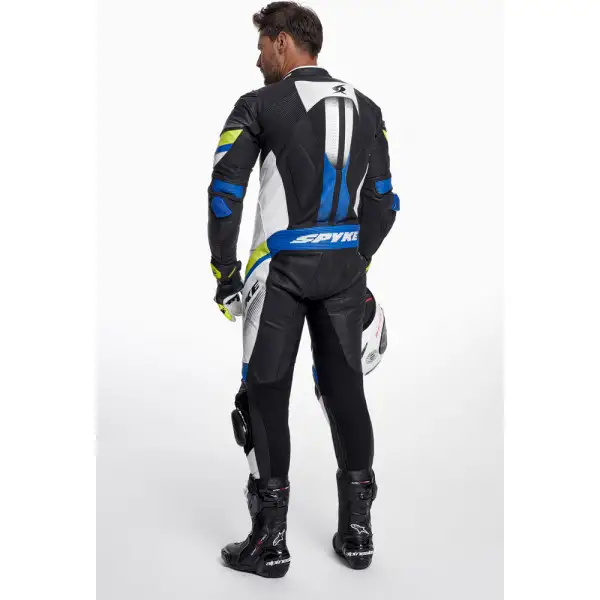 Tuta moto pelle intera Spyke ESTORIL RACE Nero Bianco Giallo Fluo Blu