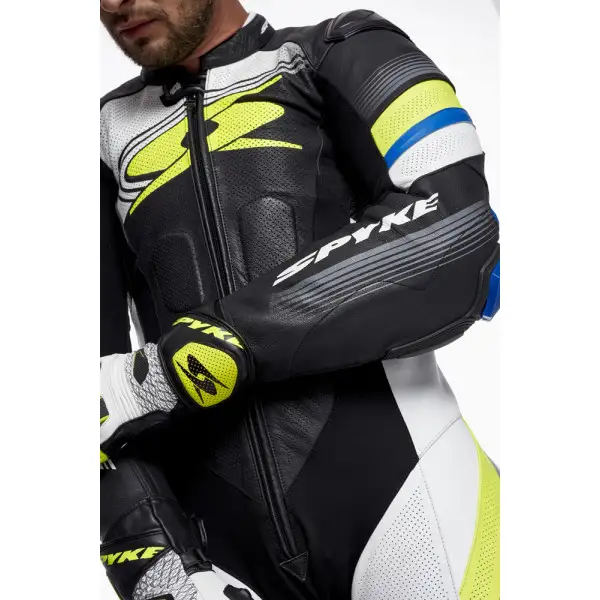 Tuta moto pelle intera Spyke ESTORIL RACE Nero Bianco Giallo Fluo Blu