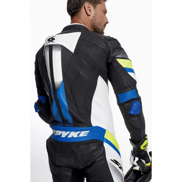 Tuta moto pelle intera Spyke ESTORIL RACE Nero Bianco Giallo Fluo Blu