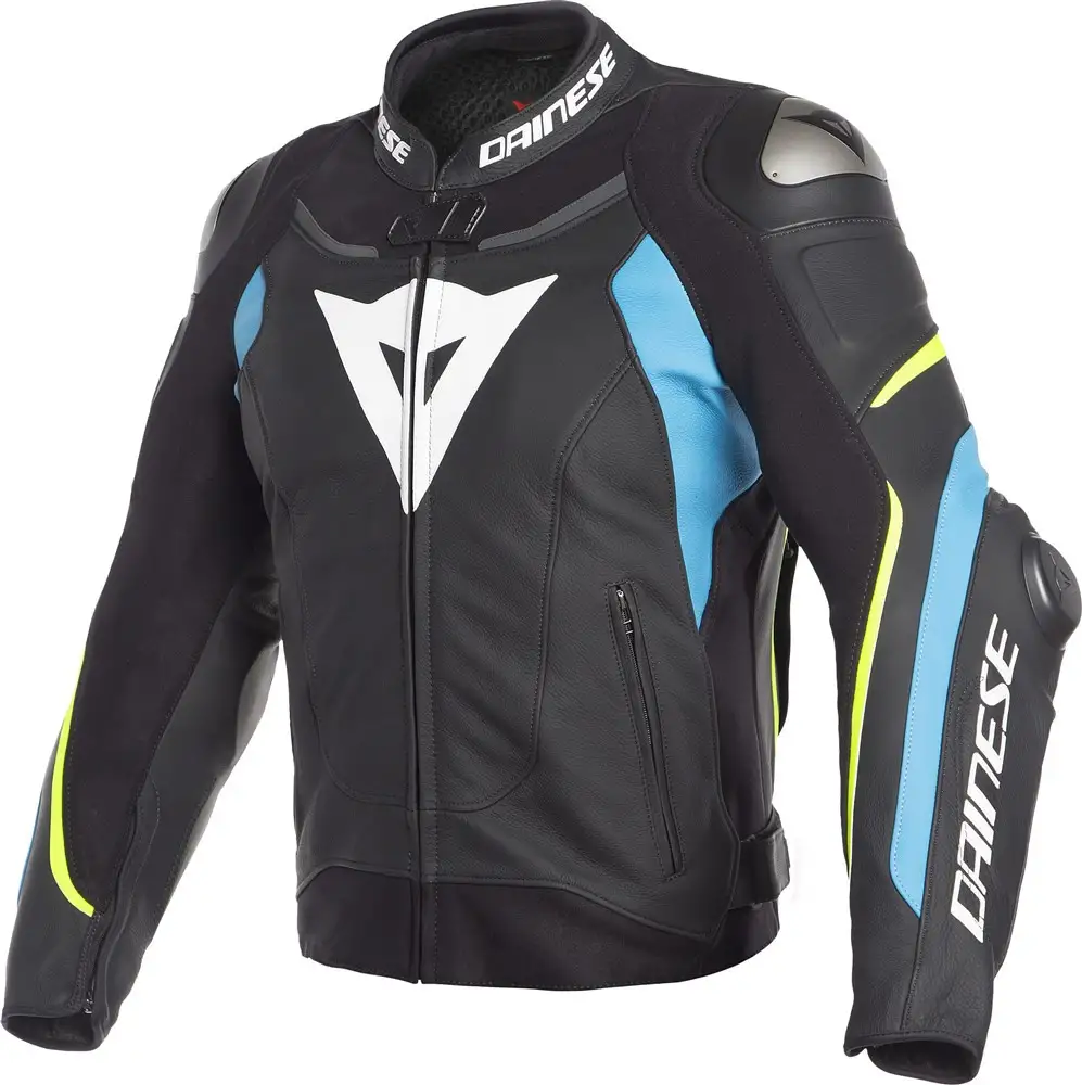 Giacca moto pelle Dainese SUPER SPEED Nero Fuoco Blu Giallo Fluo