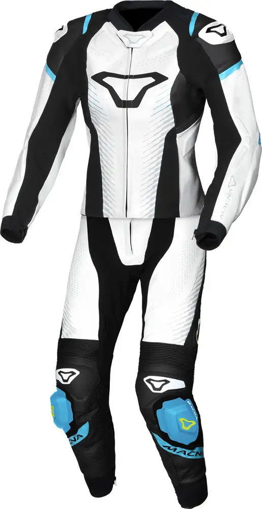 Tuta moto donna pelle divisibile Macna Tronniq Bianco Nero Blu