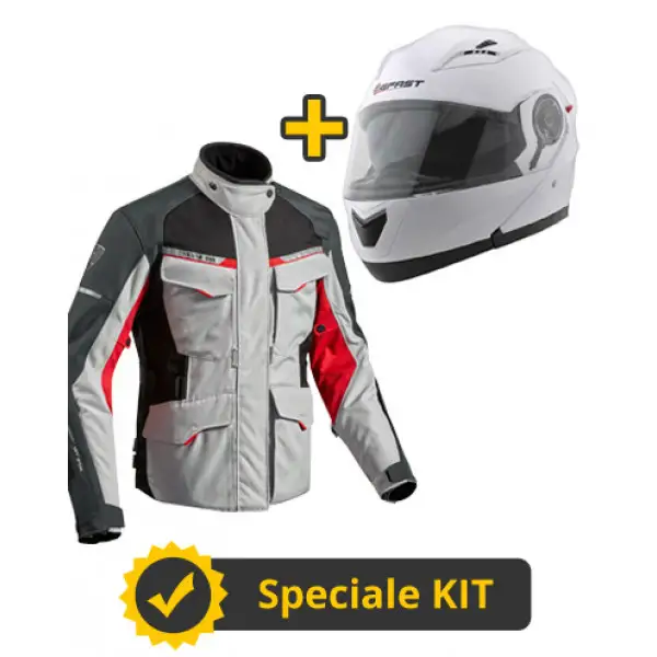 Kit Outback 2 Modular Way - Giacca 3 strati Rev'it Outback 2 Argento Rosso + Casco modulare Befast Modular Way Bianco