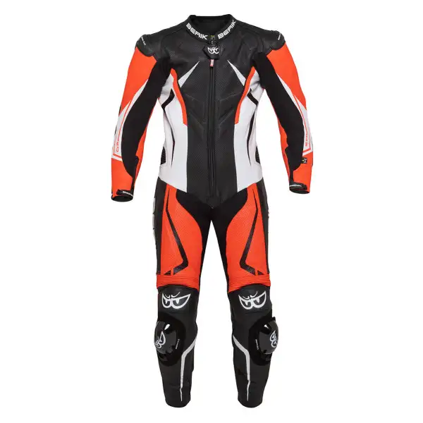 Tuta pelle racing intera Berik con protezioni spalle in alluminio Nero Rosso Bianco