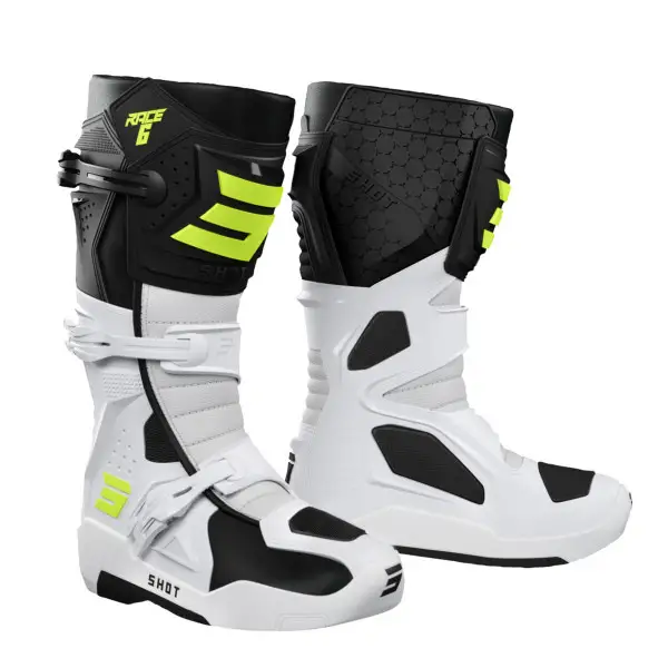 Shot RACE 6 MX Boots Black White Neon Yellow